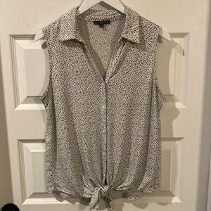 Adrianna Papell Black and White Tie Front Blouse with Notched Collar